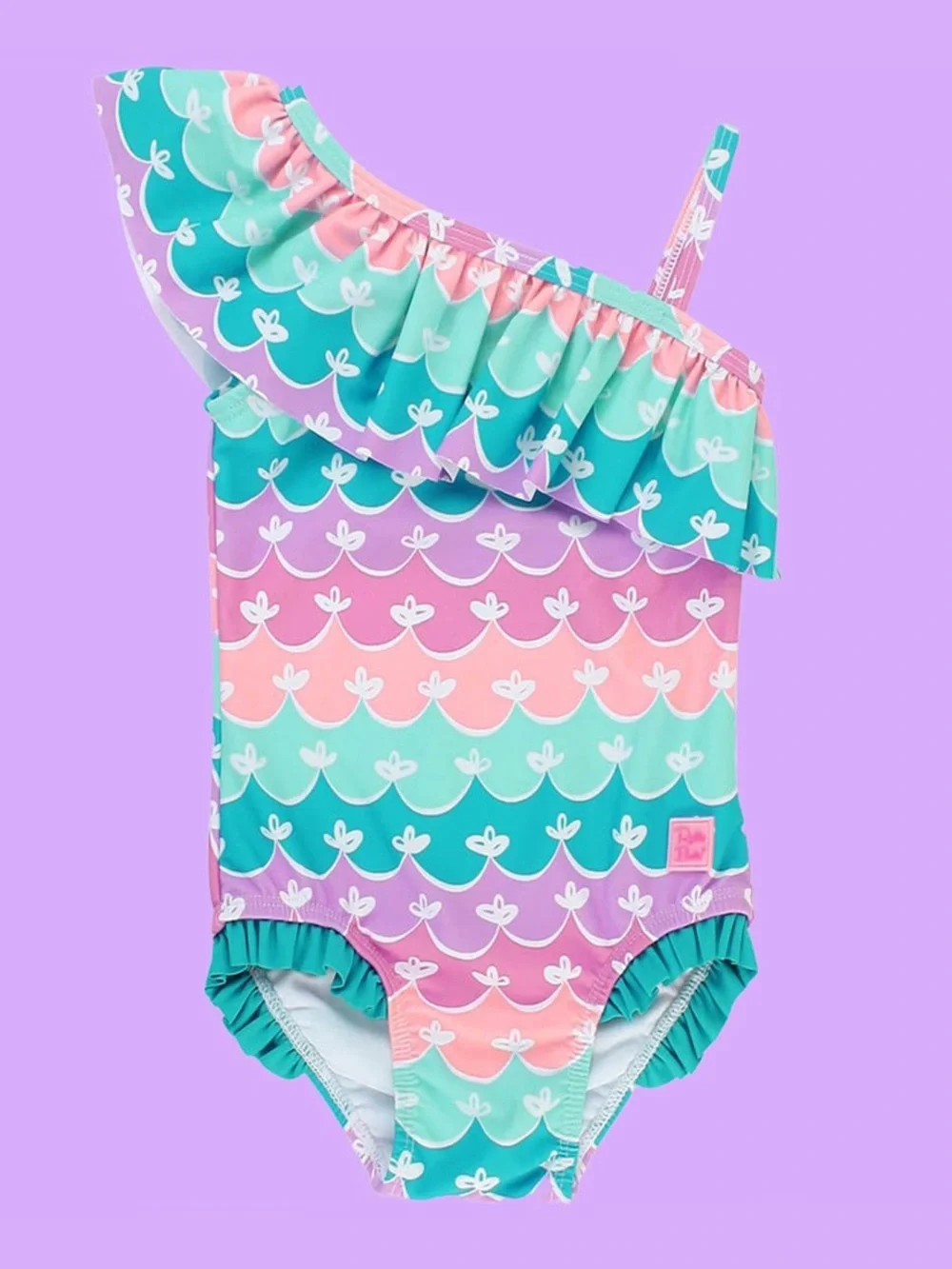 Ruffle Butts Pastel Mermaid Stripe One-Shoulder Swimsuit in Pink, Mint & Purple